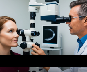 exame medico olhando em aparelo uma mulher-canva